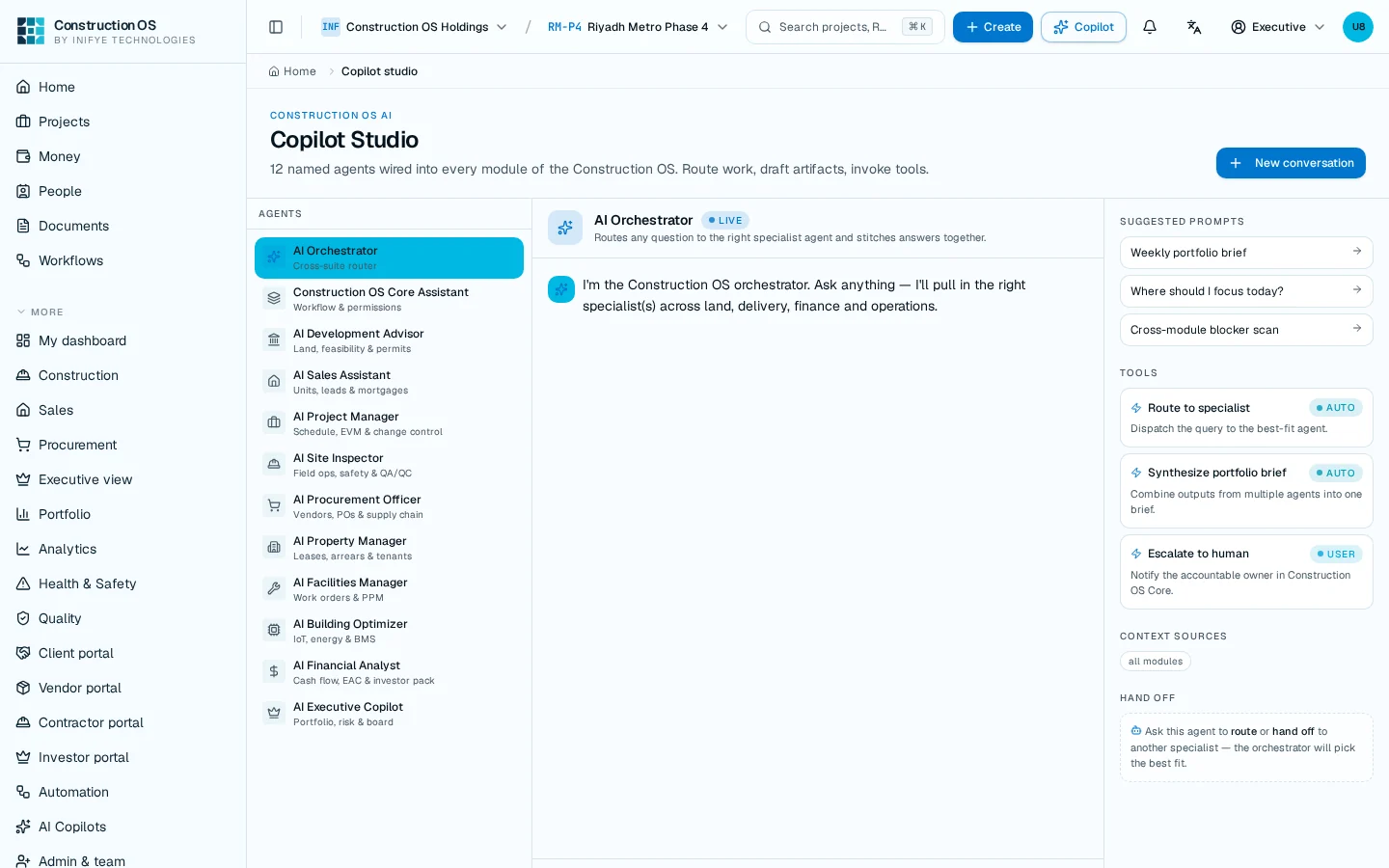 Construction OS Copilot Studio routing work across specialist AI agents
